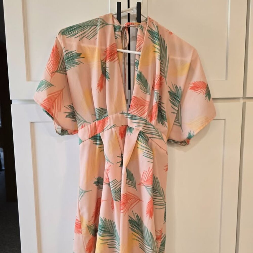 Ladies Peach Tropical Palm Leaf Print Mini Dress Tie Back Sz Large Polyester